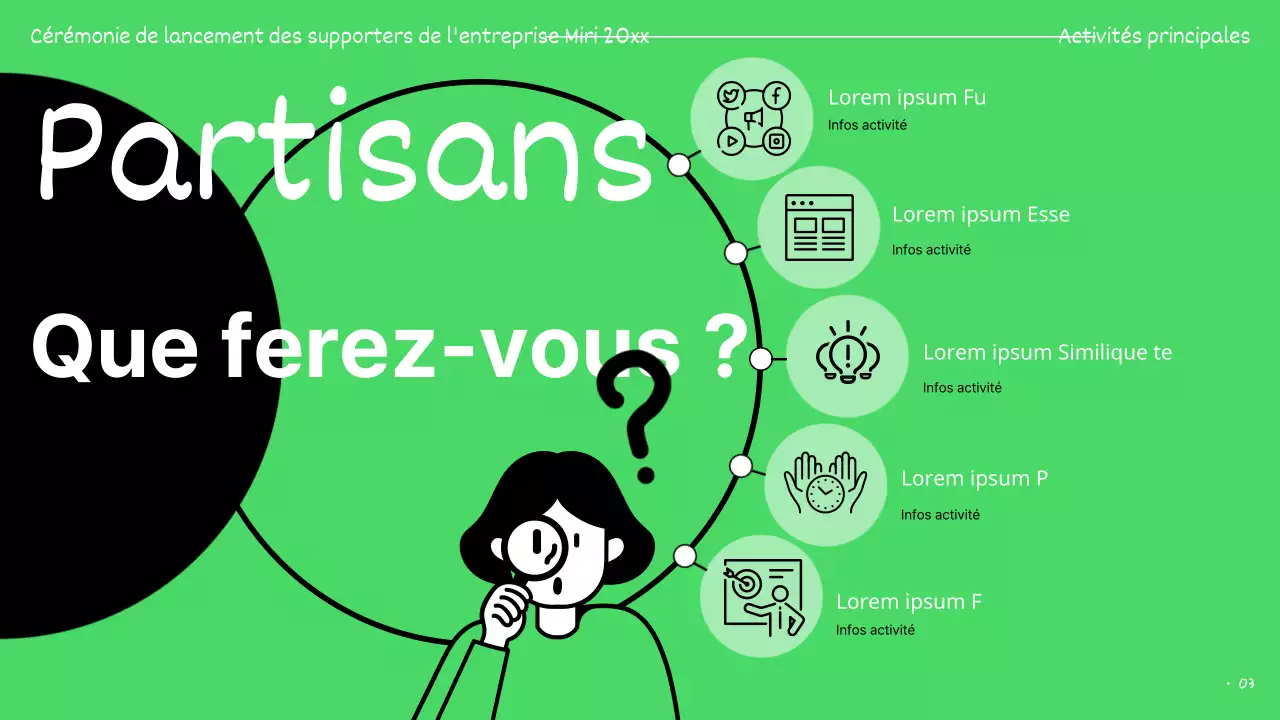 Les présentations des donateurs sont surlignées en vert et en noir