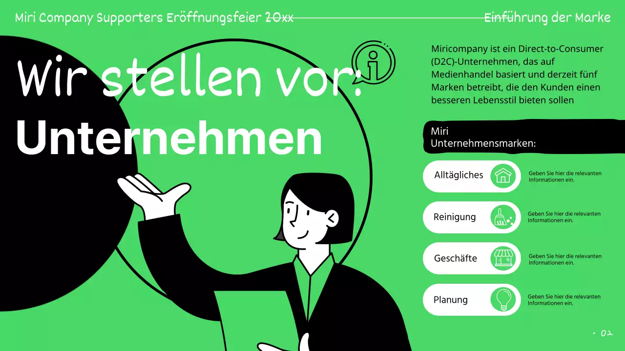 Grün und schwarz hervorgehobene Präsentationen der Unterstützer