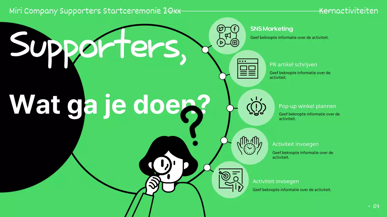 Presentaties van supporters groen en zwart gemarkeerd