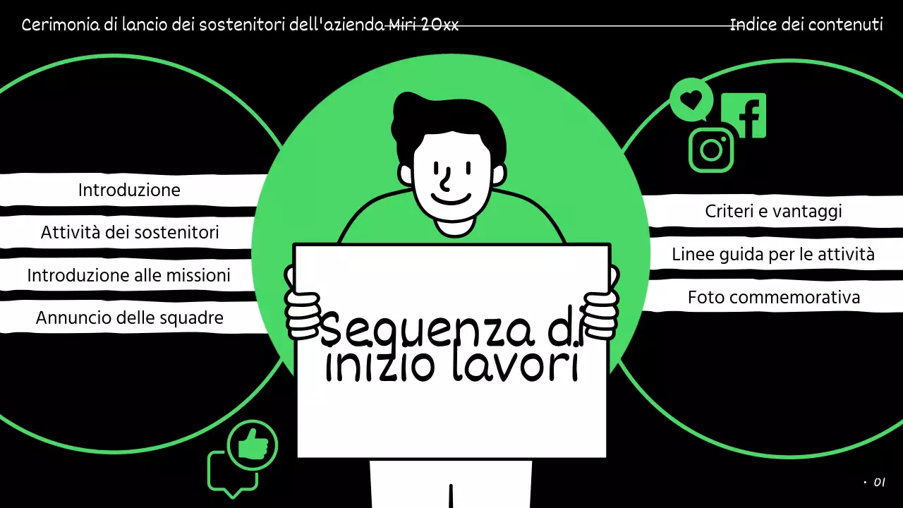 Presentazioni dei sostenitori evidenziate in verde e nero