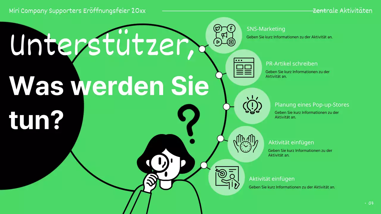 Grün und schwarz hervorgehobene Präsentationen der Unterstützer