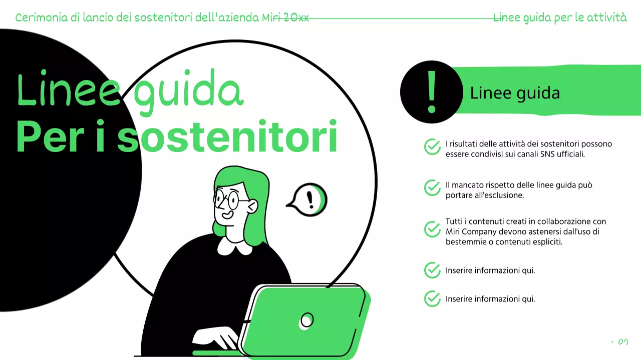 Presentazioni dei sostenitori evidenziate in verde e nero