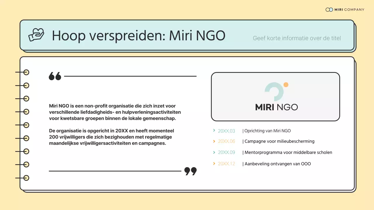 Eenvoudig NGO Corps voortrainingsmateriaal in mint en geel