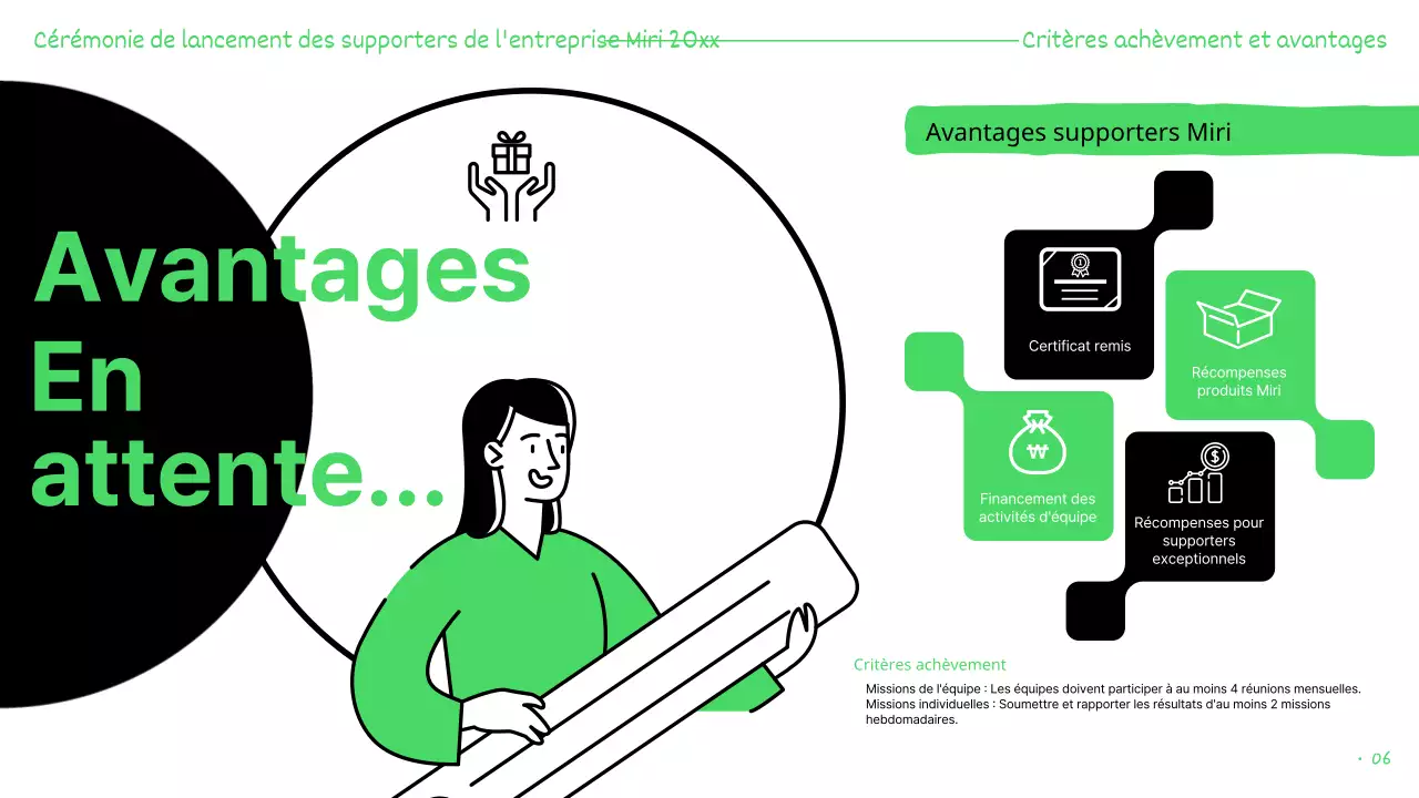 Les présentations des donateurs sont surlignées en vert et en noir