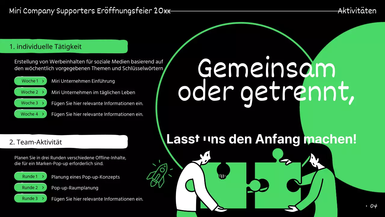 Grün und schwarz hervorgehobene Präsentationen der Unterstützer