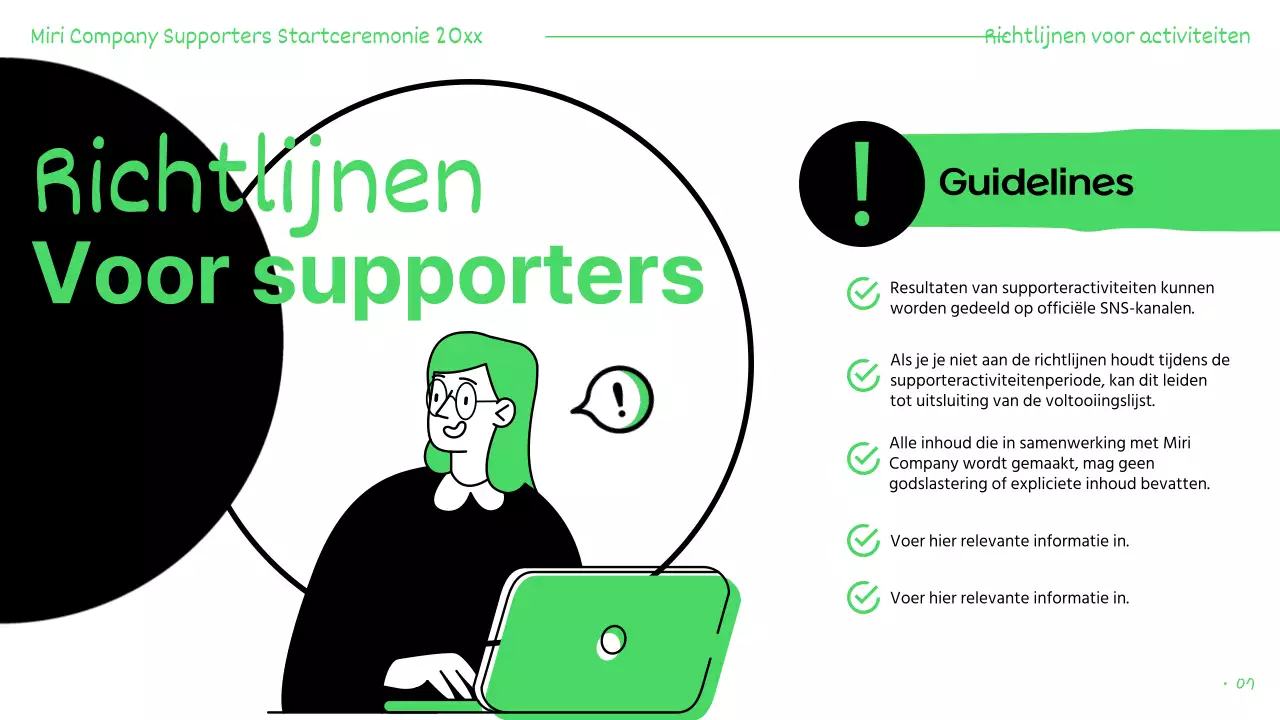 Presentaties van supporters groen en zwart gemarkeerd