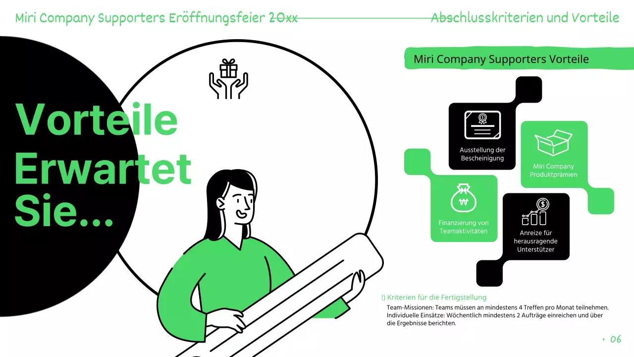 Grün und schwarz hervorgehobene Präsentationen der Unterstützer