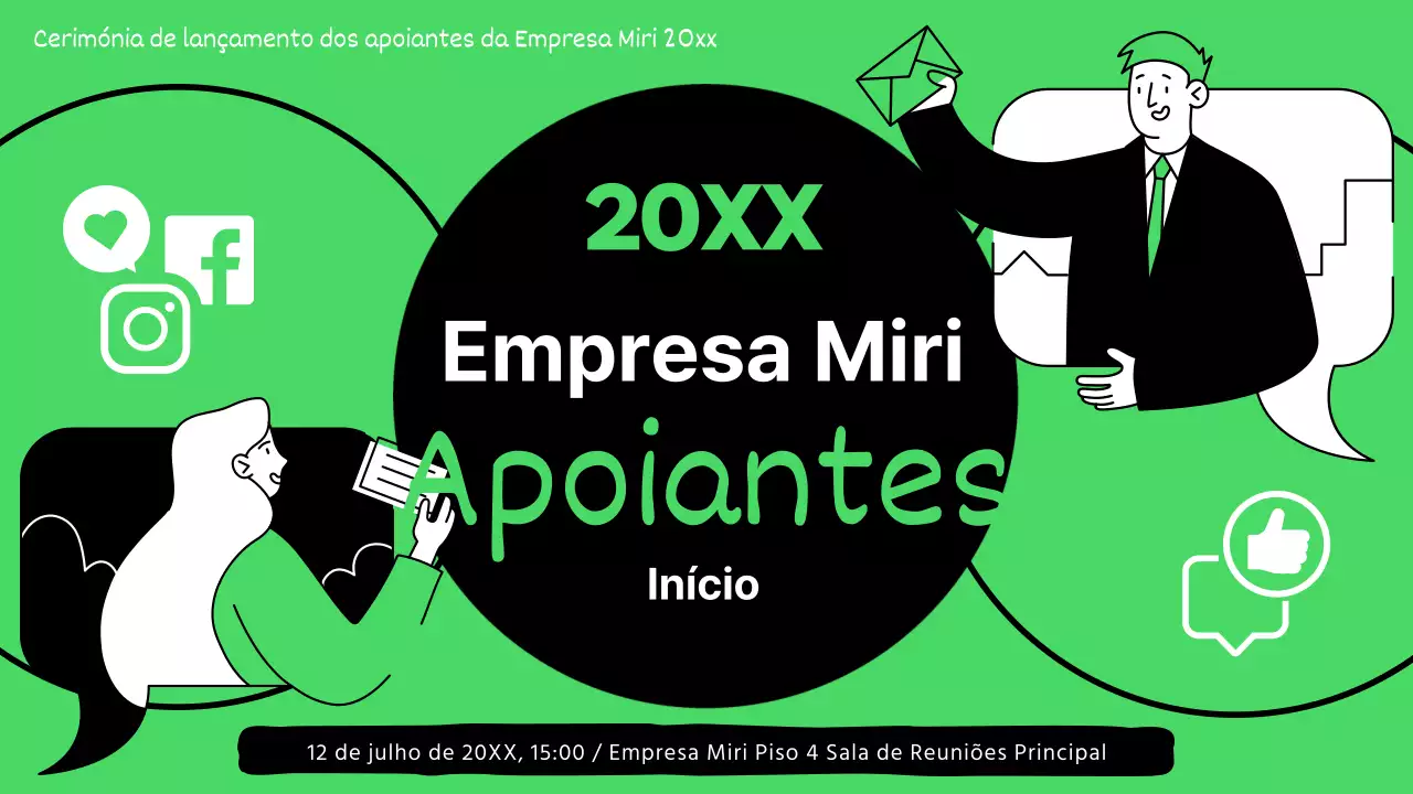 Apresentações dos apoiantes destacadas a verde e preto