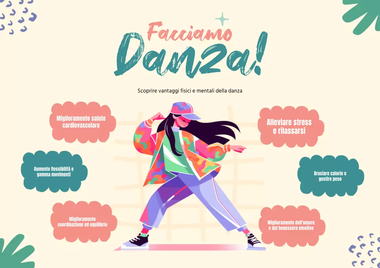 Illustrazione minimale verde e rosa Benefici della danza