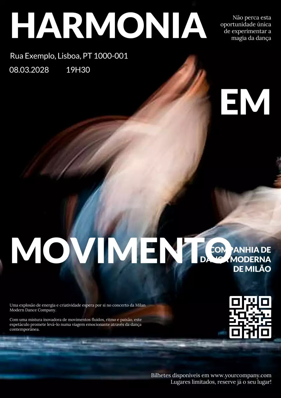 Anúncio de espetáculo de dança moderna contemporânea a preto e branco