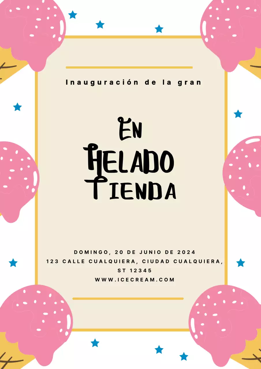 Invitación sencilla rosa y blanca para la inauguración de una heladería