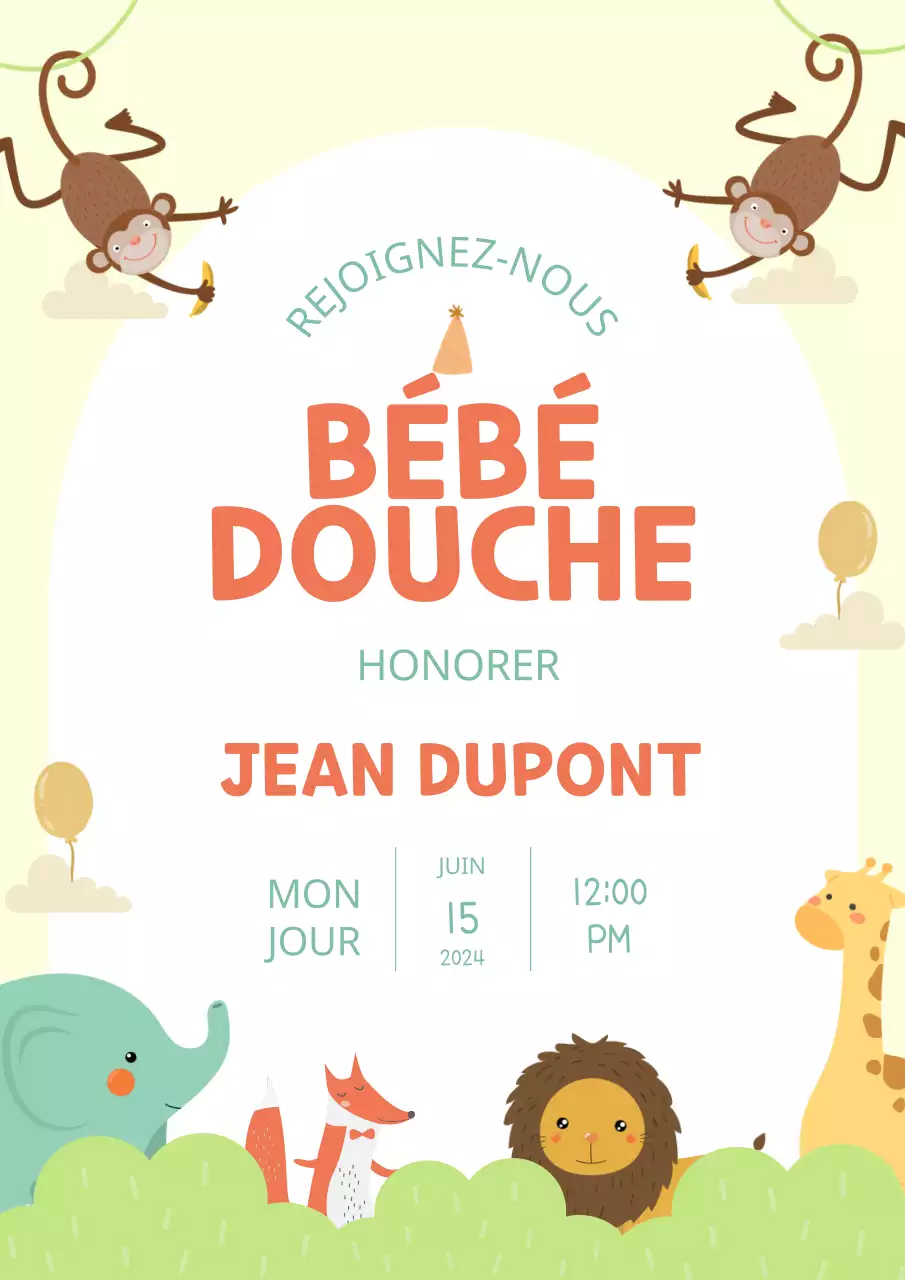 Invitation à la fête de bébé jaune et mignon