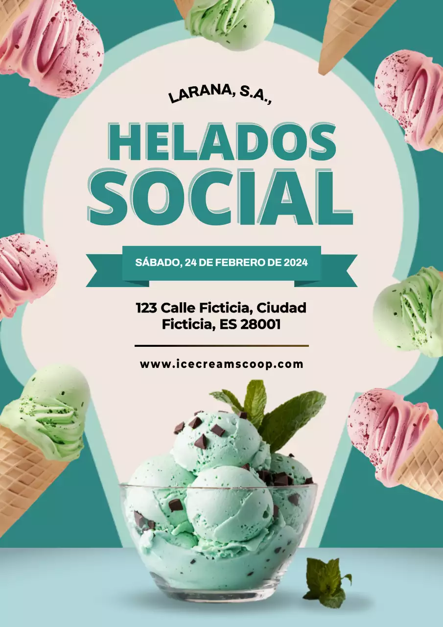 Invitación minimalista verde y rosa para inauguración de heladería