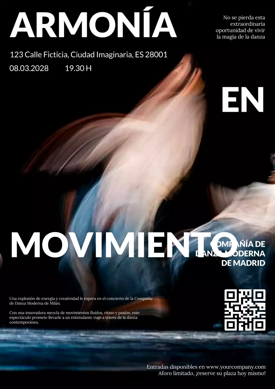 Anuncio de un espectáculo de danza contemporánea moderna en blanco y negro