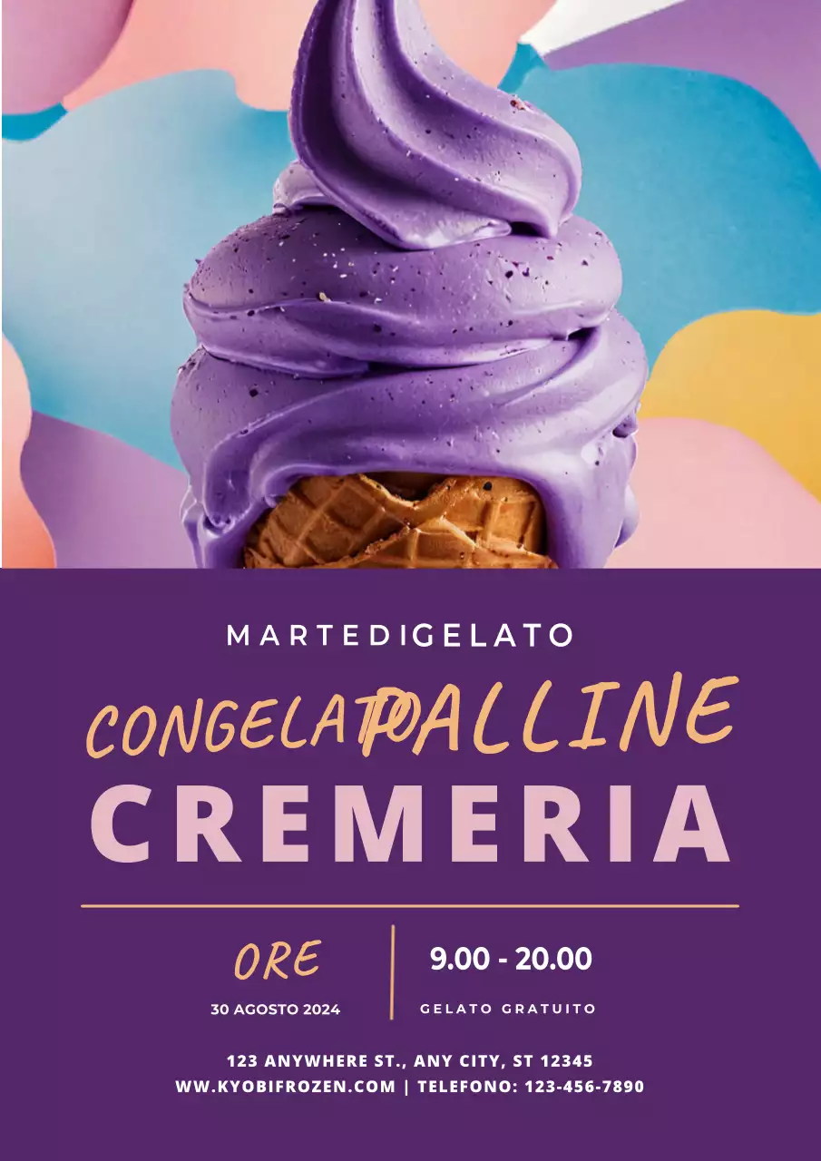 Invito elegante per gelateria in viola e arancione