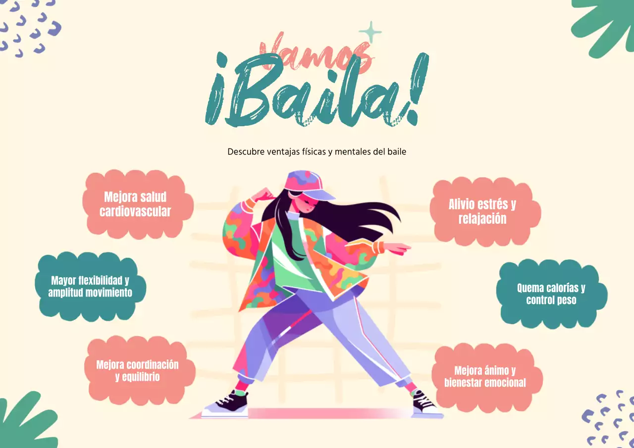 Ilustración mínima en verde y rosa Beneficios de bailar