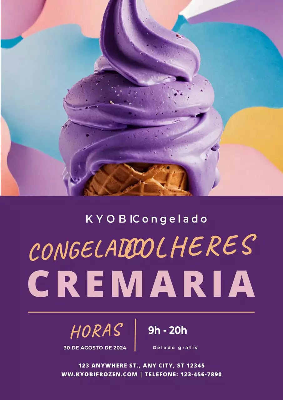 convite elegante roxo e laranja para gelataria