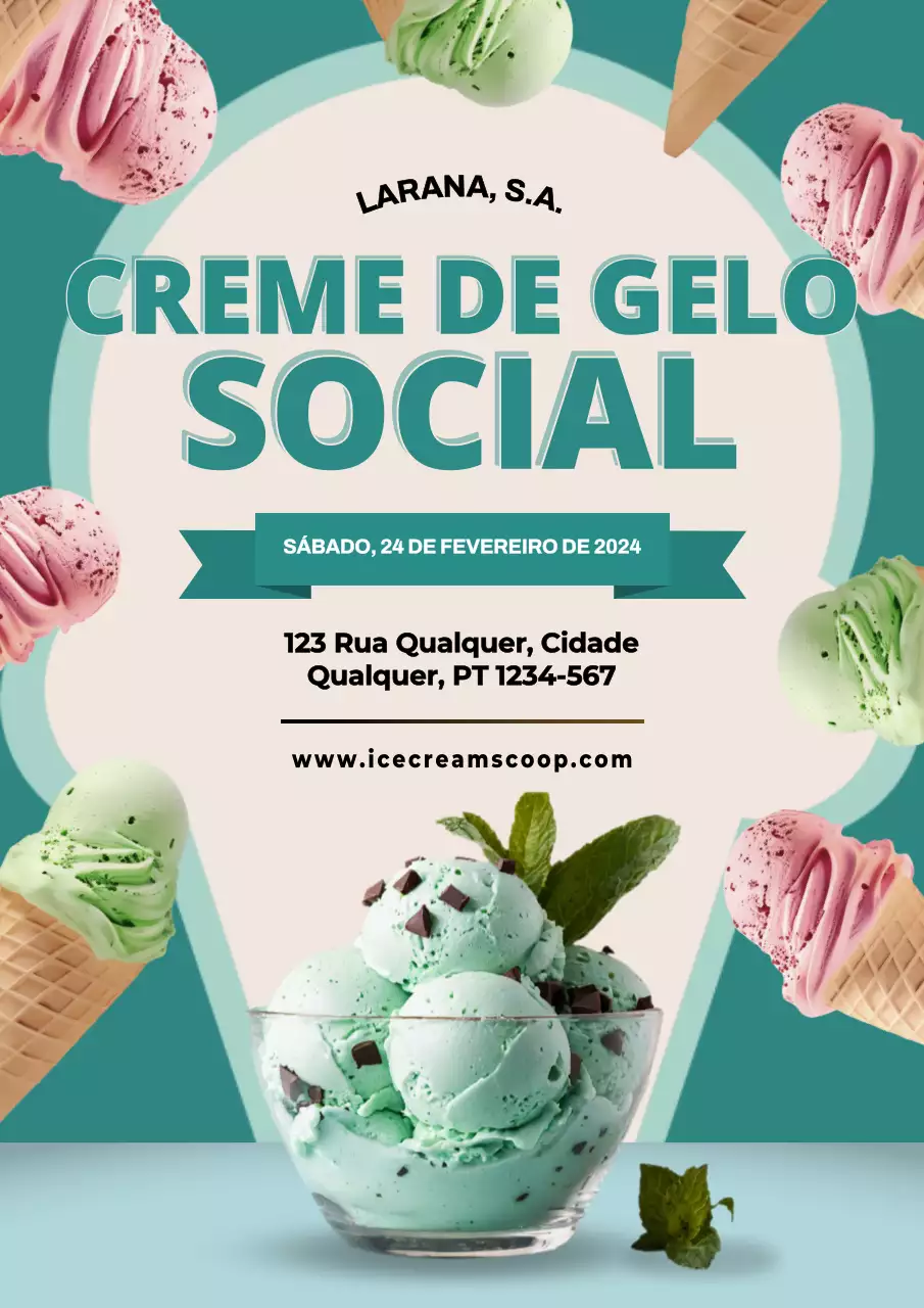 Convite de abertura de gelataria minimalista verde e cor-de-rosa