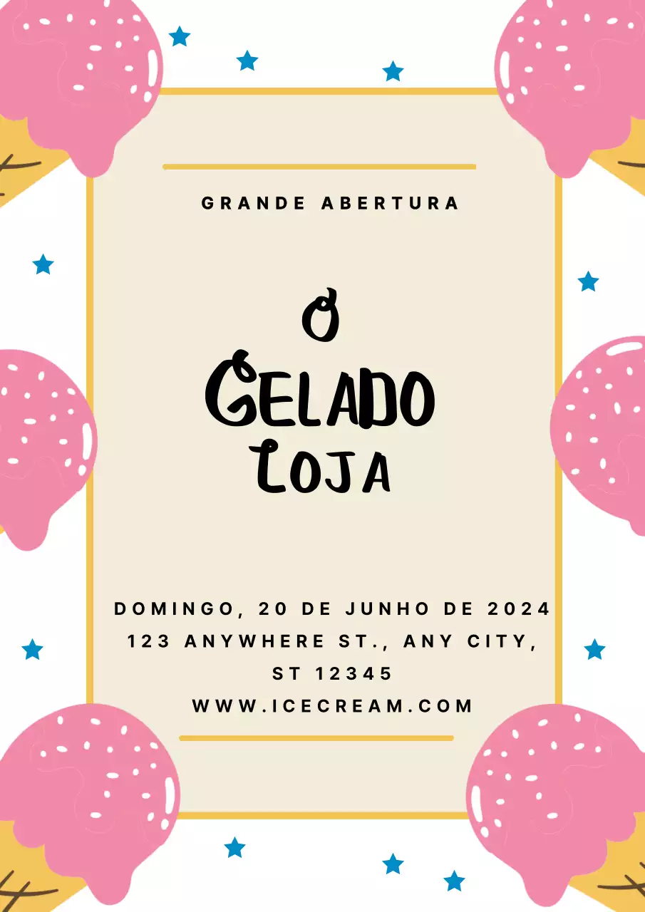 Convite simples rosa e branco para a inauguração de uma loja de gelados