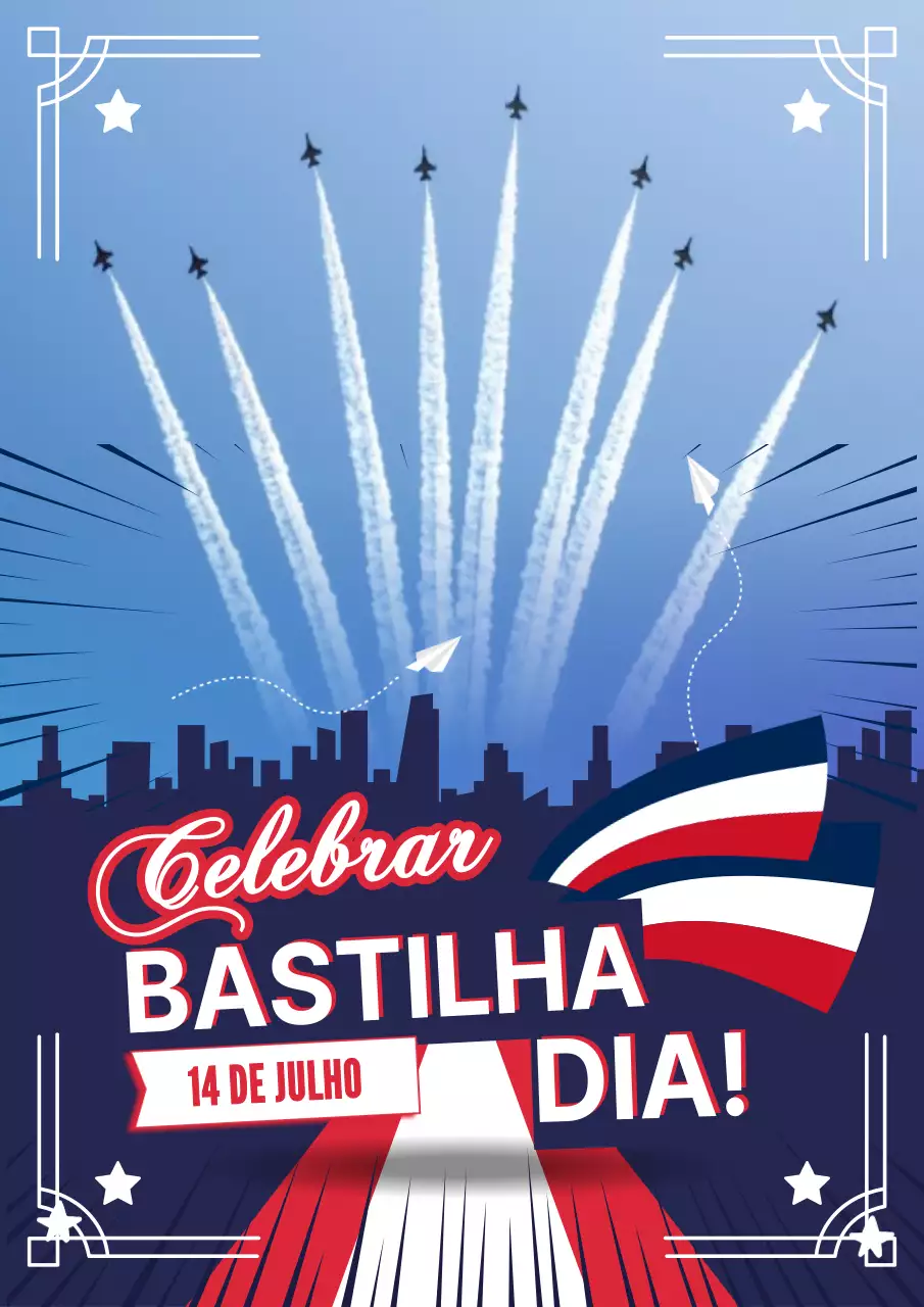 Folheto simples azul e vermelho de celebração do Dia da Bastilha