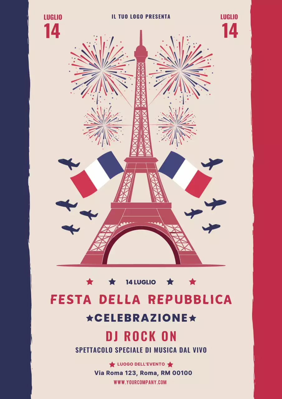 Volantino moderno rosso e blu per la festa della Bastiglia