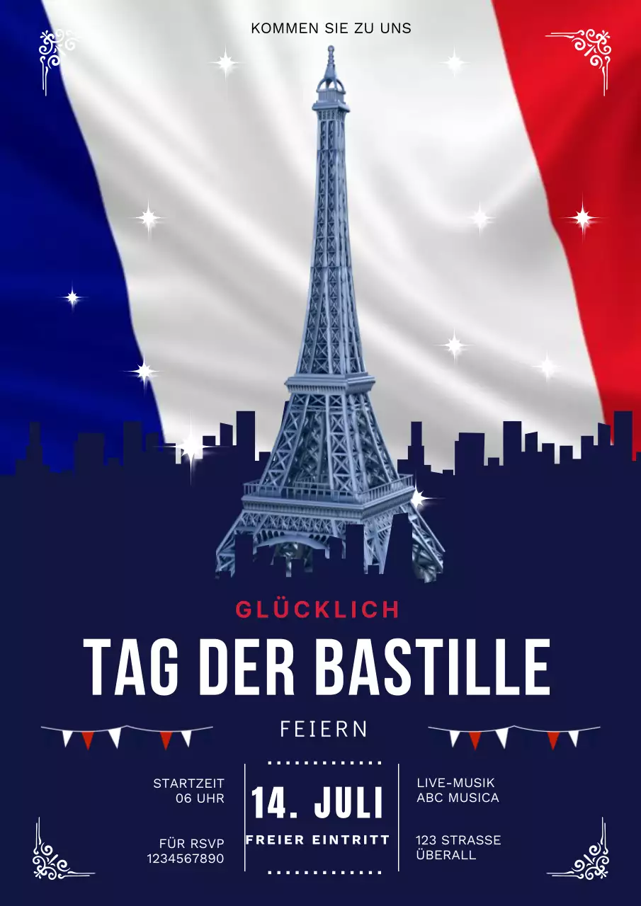Blauer moderner Veranstaltungsflyer für die Bastille Day Feier