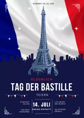 Blauer moderner Veranstaltungsflyer für die Bastille Day Feier