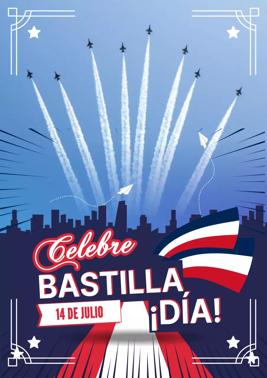 Folleto sencillo azul y rojo para celebrar el Día de la Bastilla