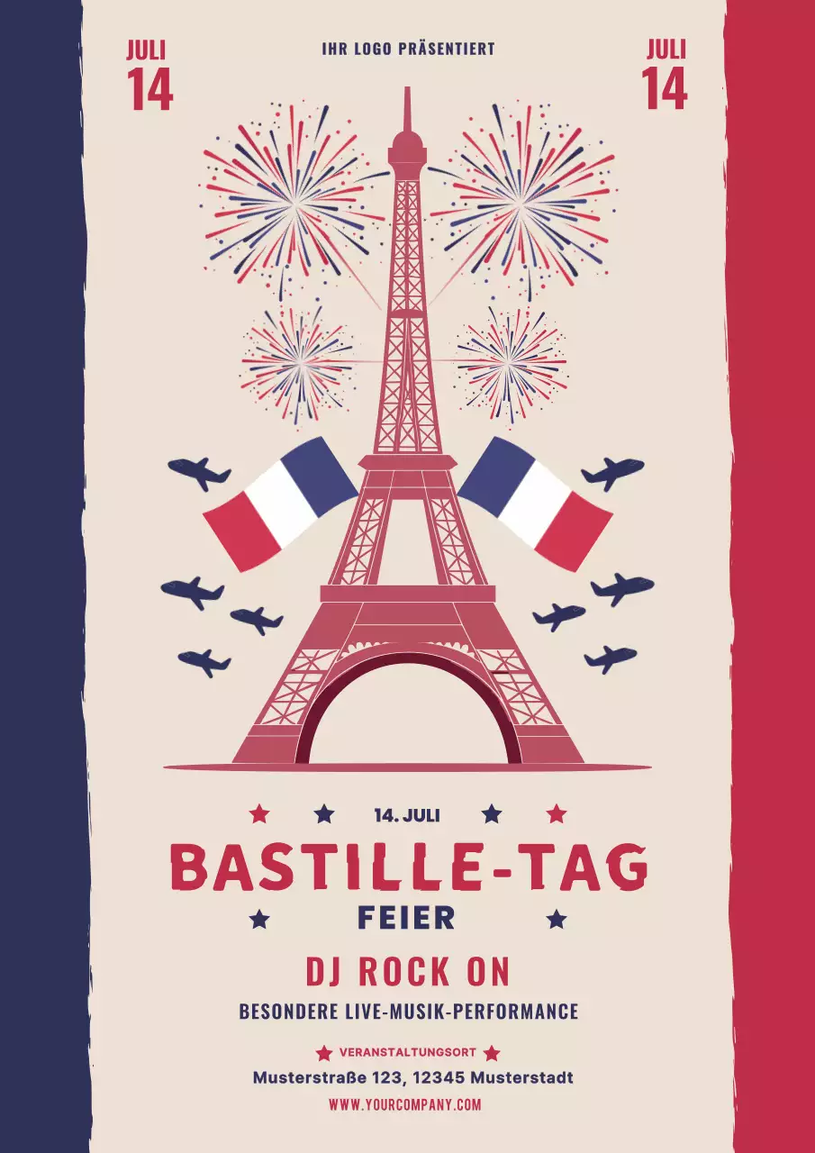 Rote und blaue moderne Bastille Day-Feier Flyer