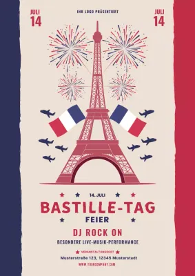 Rote und blaue moderne Bastille Day-Feier Flyer