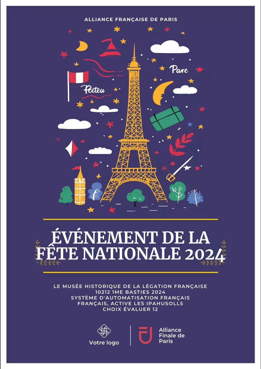 Flyer de l'événement du jour de la Bastille, simple et bleu marine