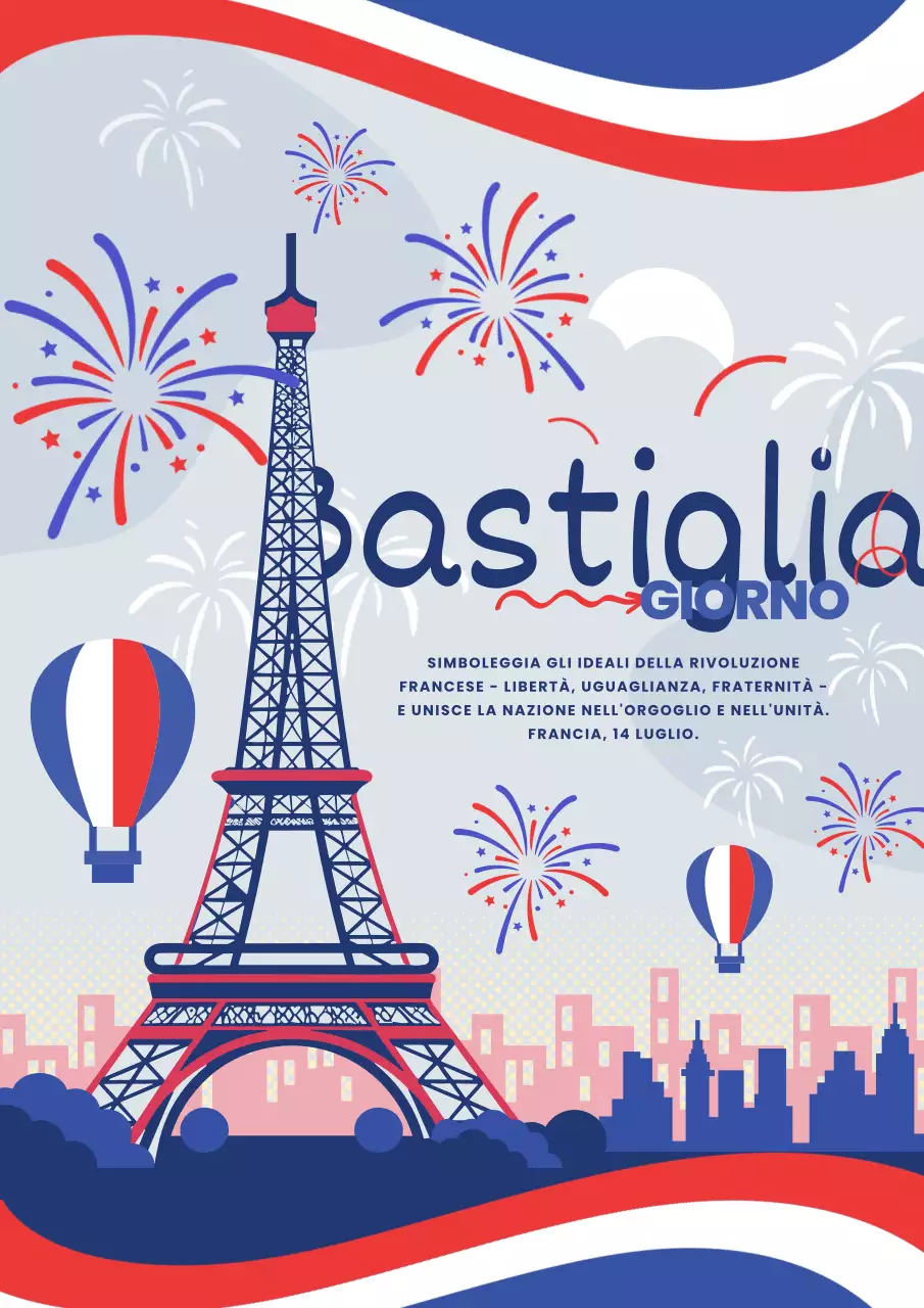 Volantino di base blu e rosso per la celebrazione della Festa della Bastiglia