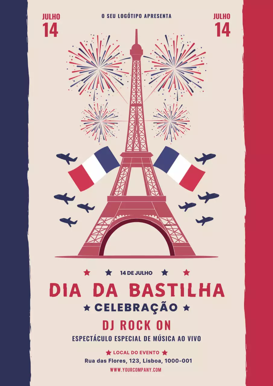 Folheto moderno vermelho e azul da celebração do Dia da Bastilha