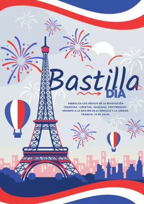 Folleto básico azul y rojo para la celebración del Feliz Día de la Bastilla