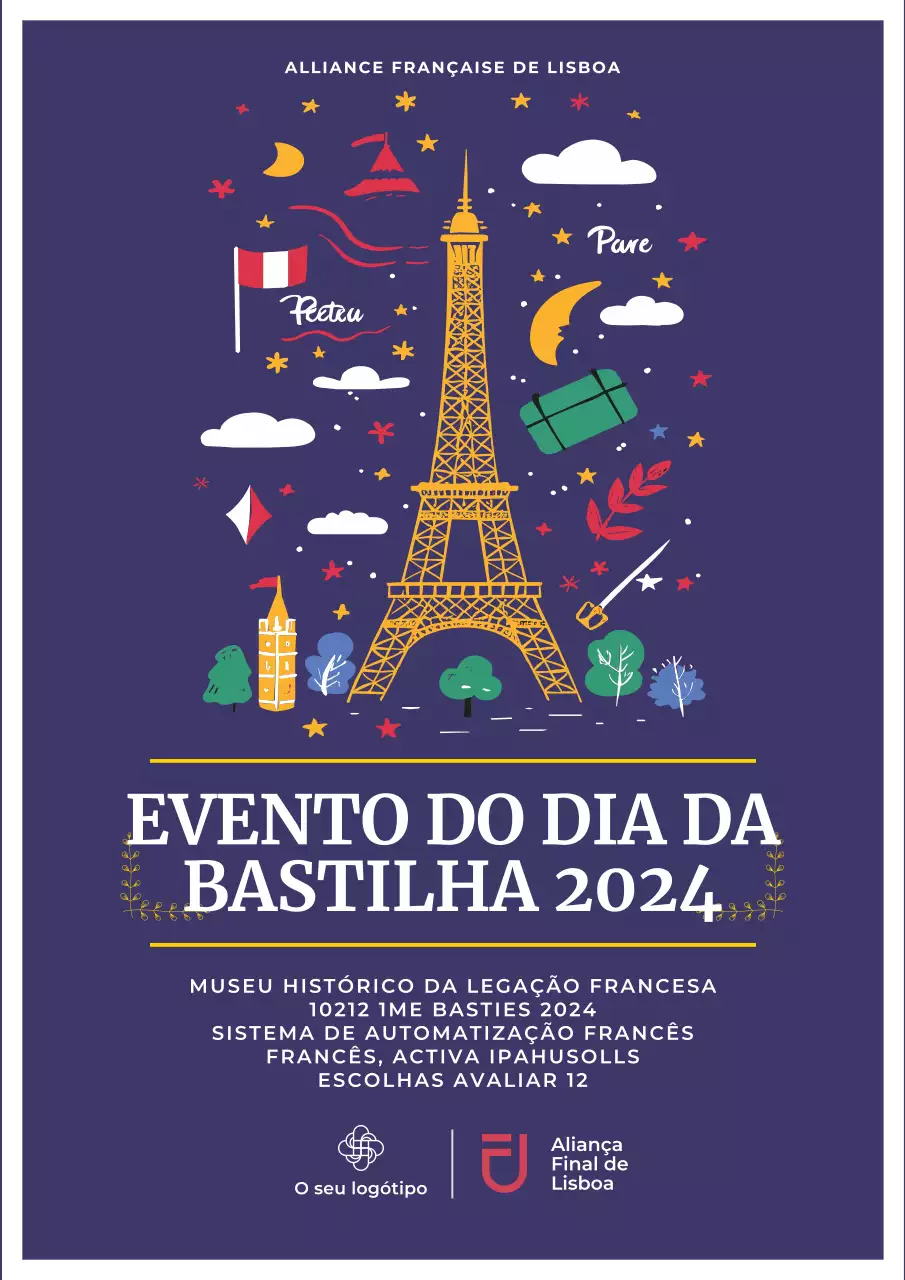 Folheto de evento simples do Dia da Bastilha em azul-marinho