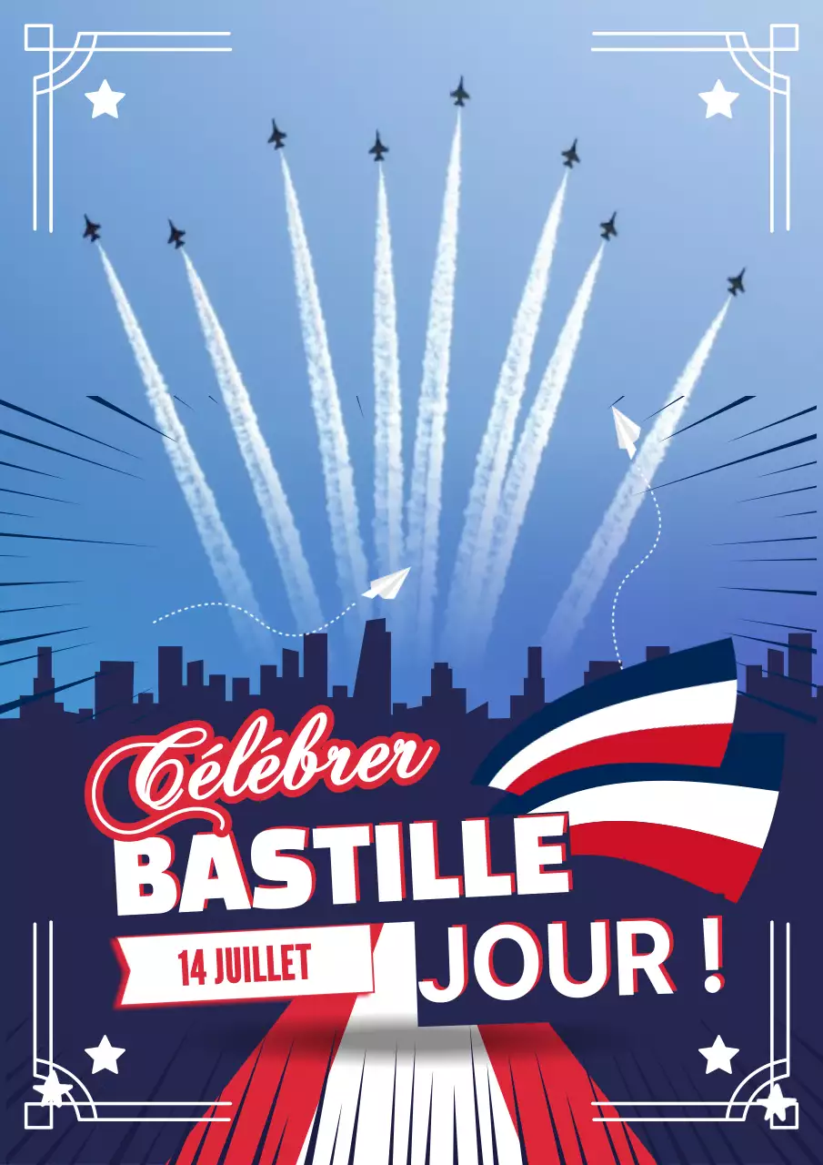 Flyer bleu et rouge de célébration de la fête de la Bastille