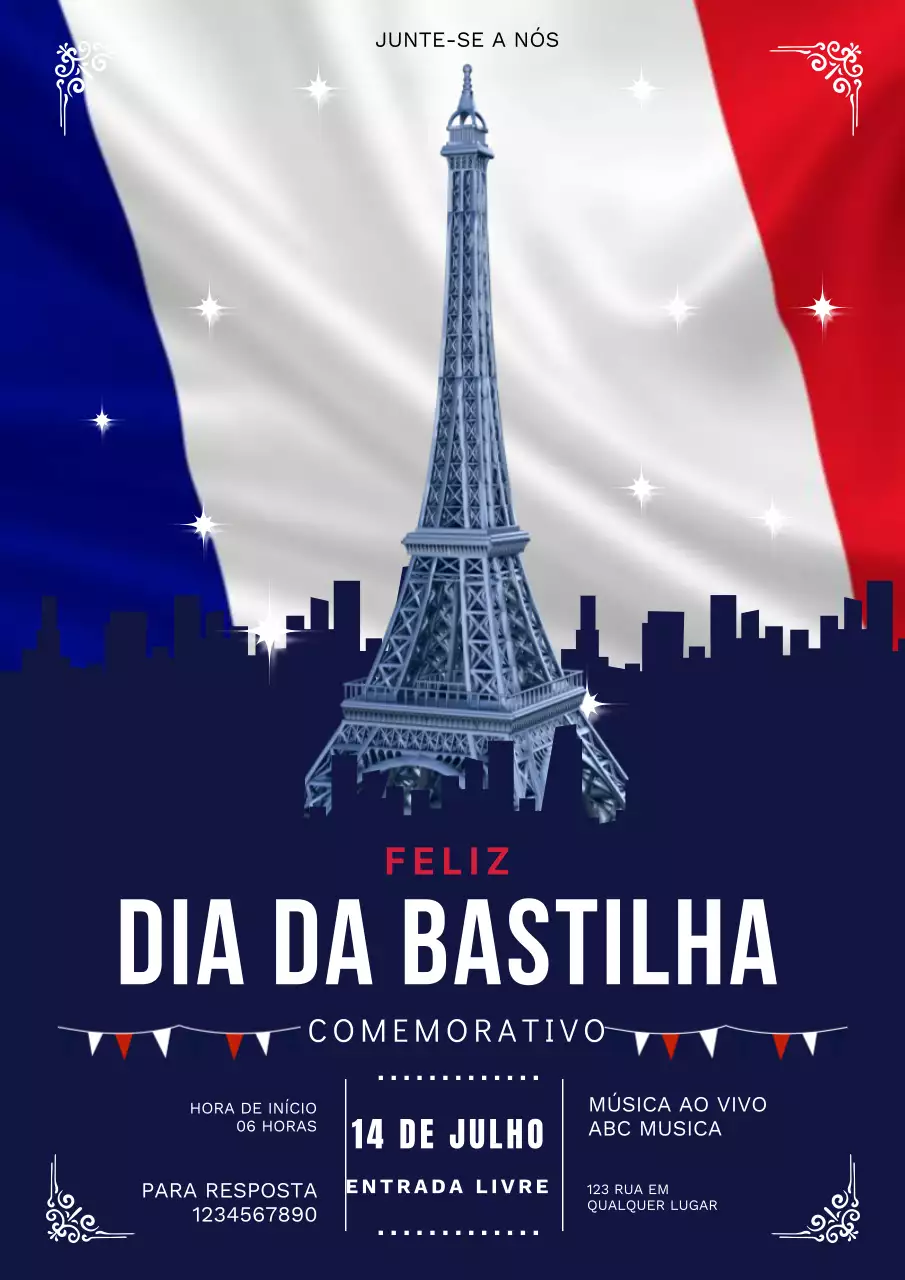 Folheto do evento moderno azul de celebração do Dia da Bastilha