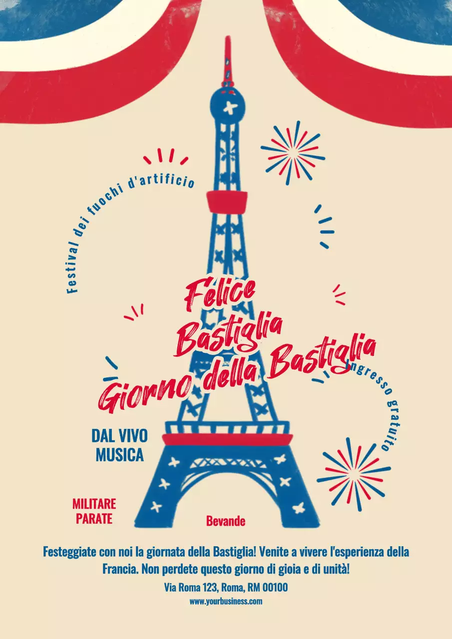 Volantino in grassetto blu e rosso per la Festa della Bastiglia