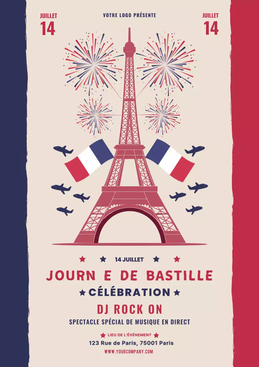Flyer moderne rouge et bleu pour la fête de la Bastille