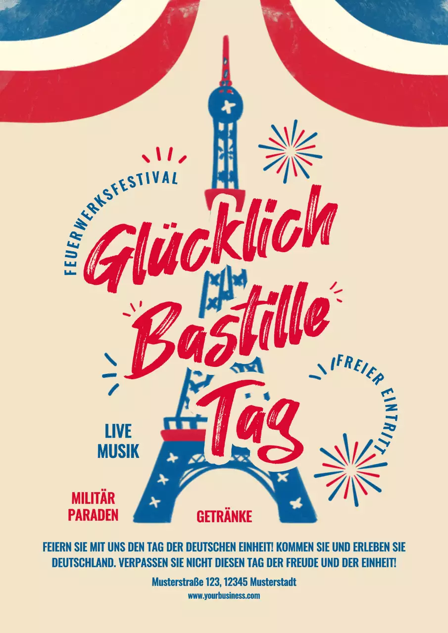 Blauer und roter fetter Happy Bastille Day Flyer