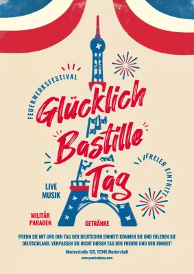 Blauer und roter fetter Happy Bastille Day Flyer
