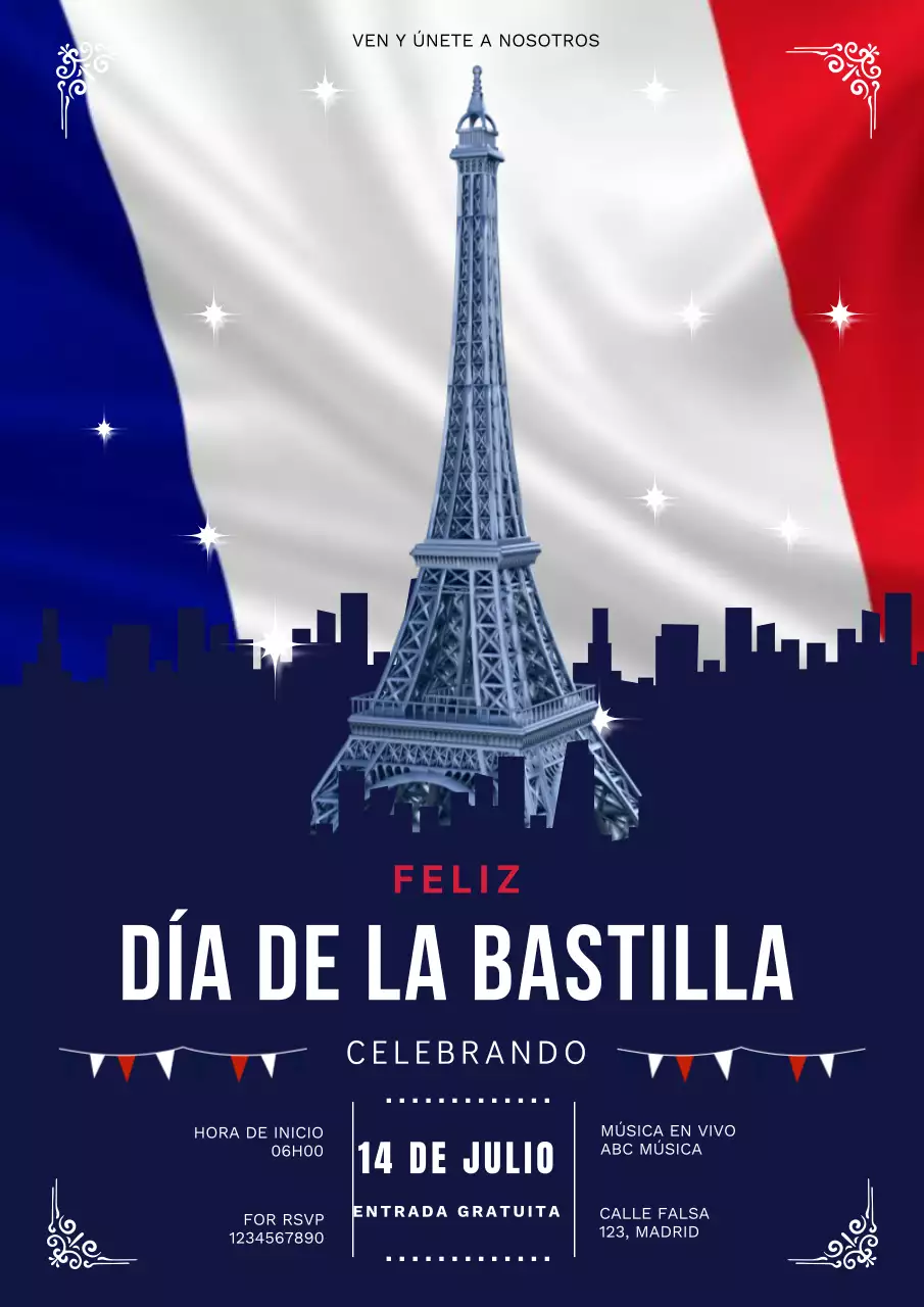 Folleto moderno azul para la celebración del Día de la Bastilla