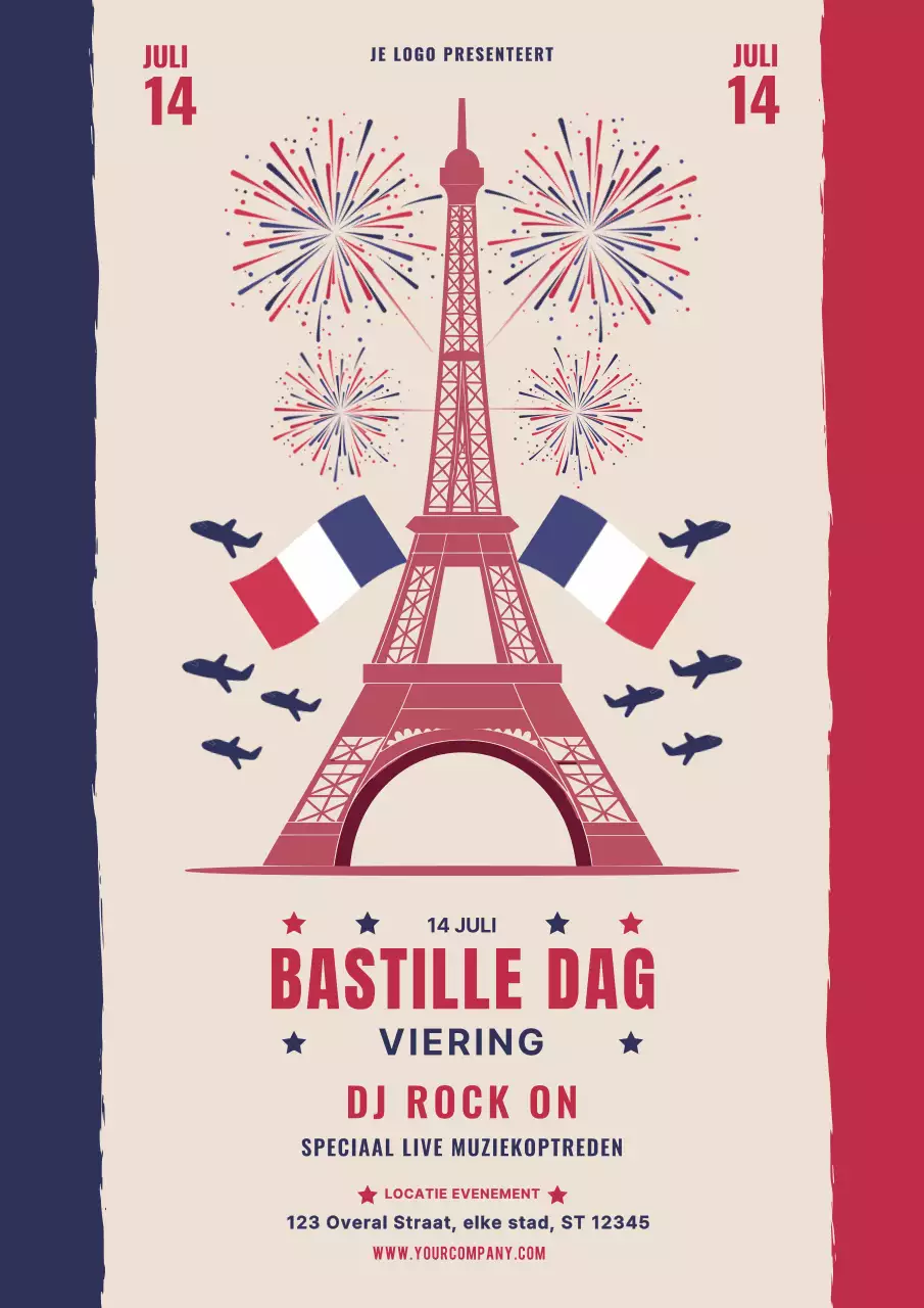 Rood en blauw, moderne flyer voor de viering van Bastille Day