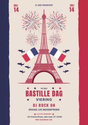 Rood en blauw, moderne flyer voor de viering van Bastille Day
