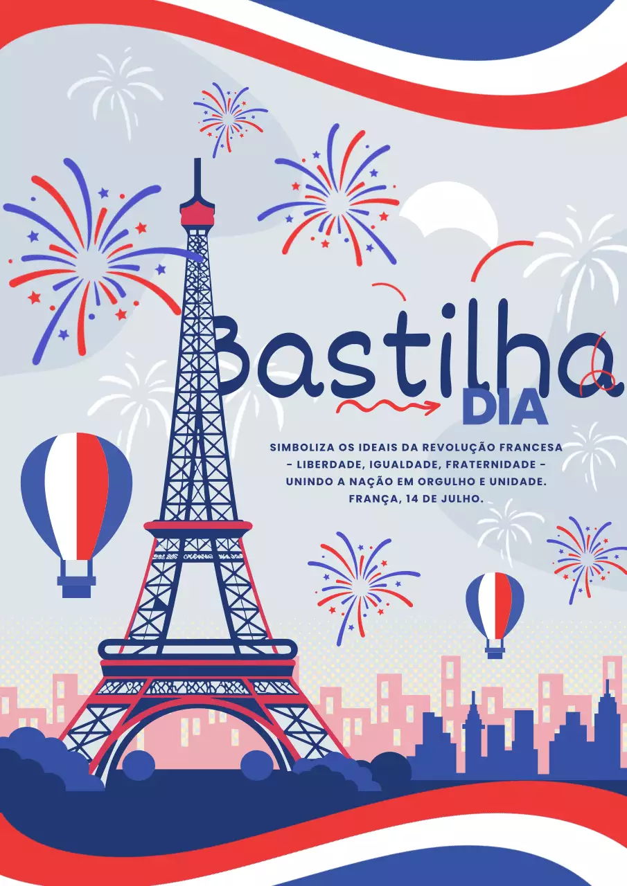 Folheto de celebração do Dia da Bastilha em azul e vermelho