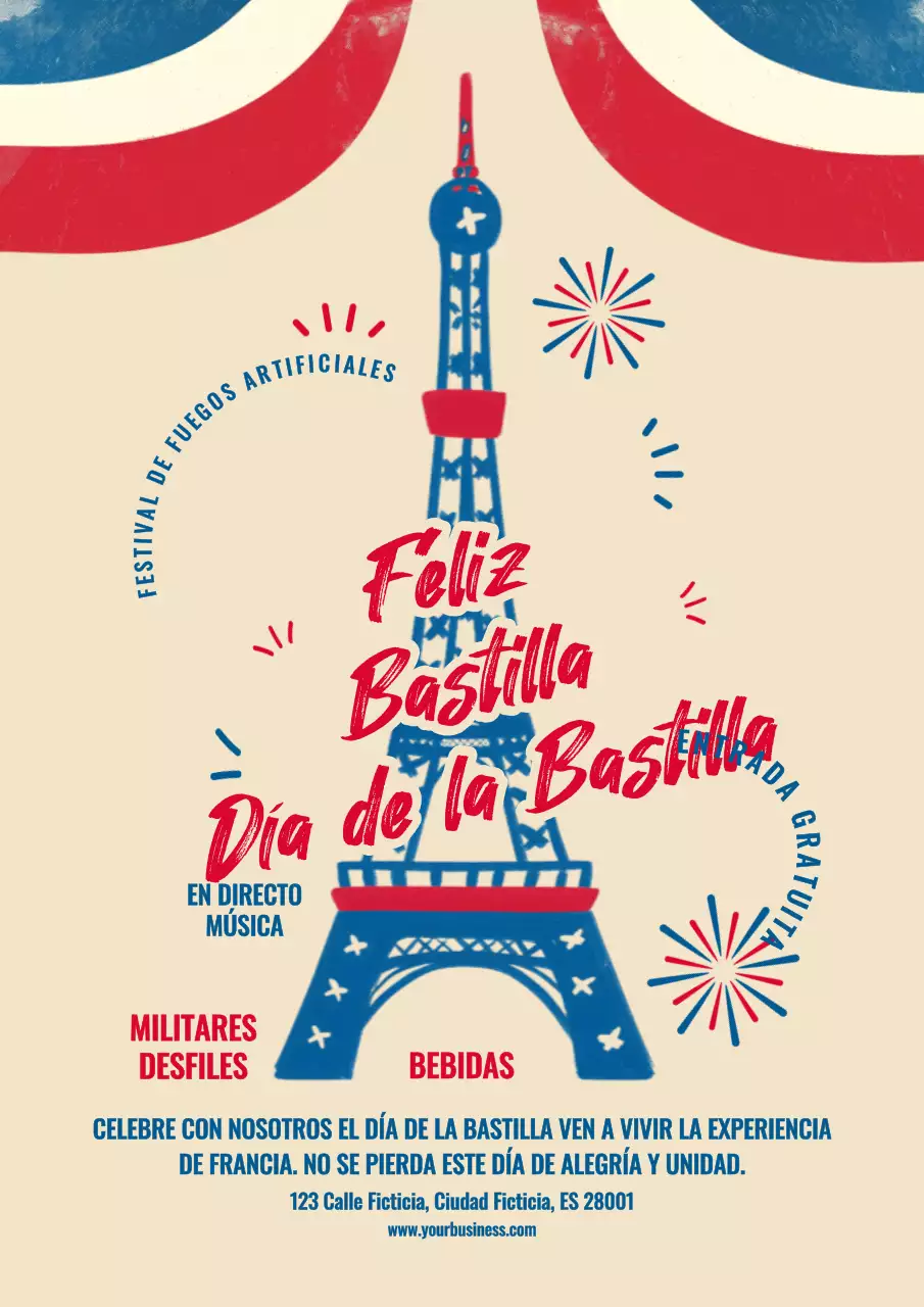 Folleto azul y rojo en negrita del Feliz Día de la Bastilla