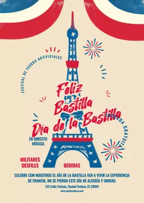 Folleto azul y rojo en negrita del Feliz Día de la Bastilla