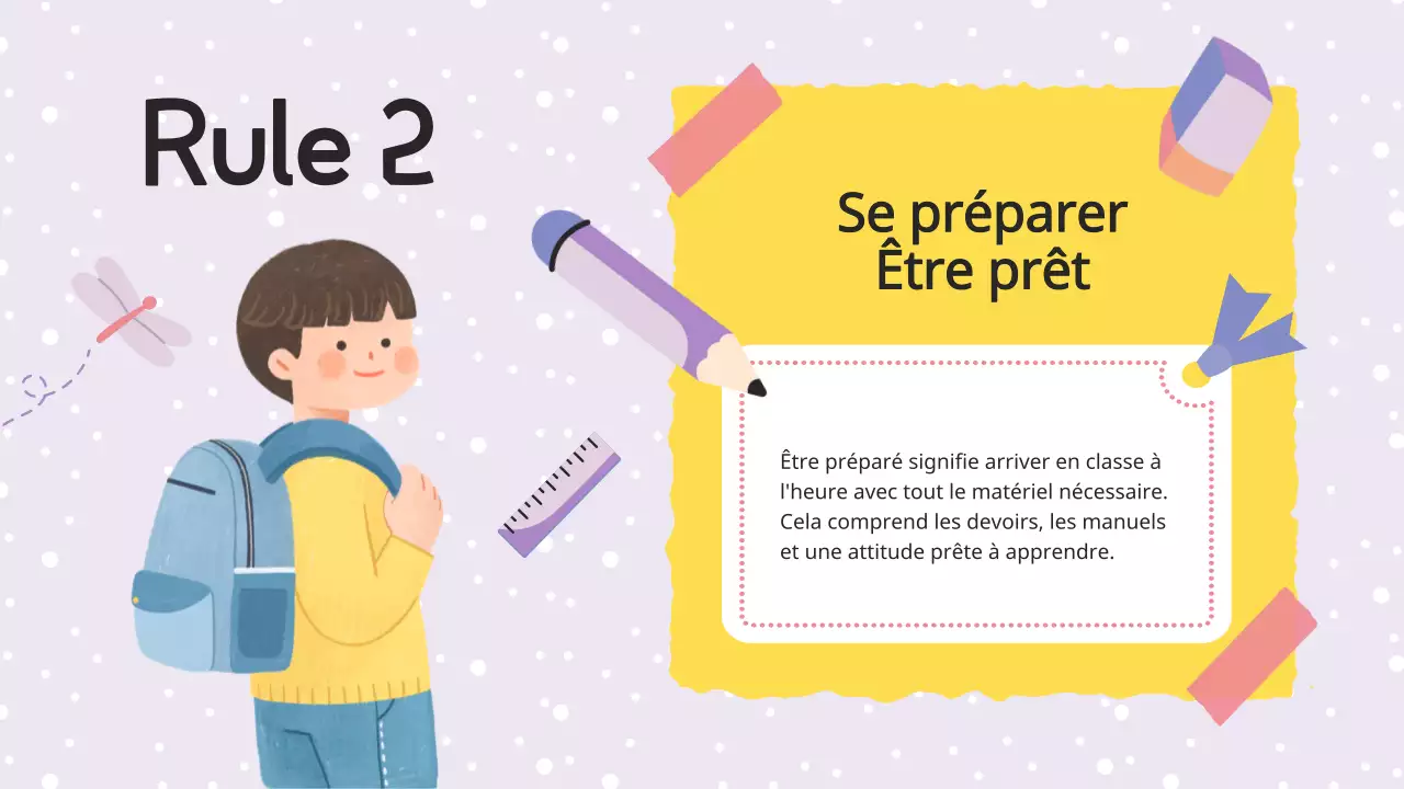 Animation lilas violet Règlement de la classe Matériel de classe