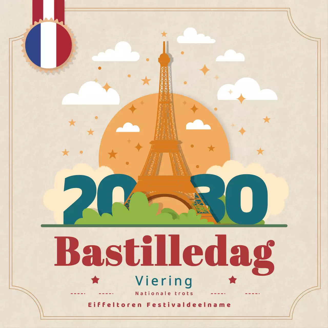 Beige Template post voor instagram Bastille Day.