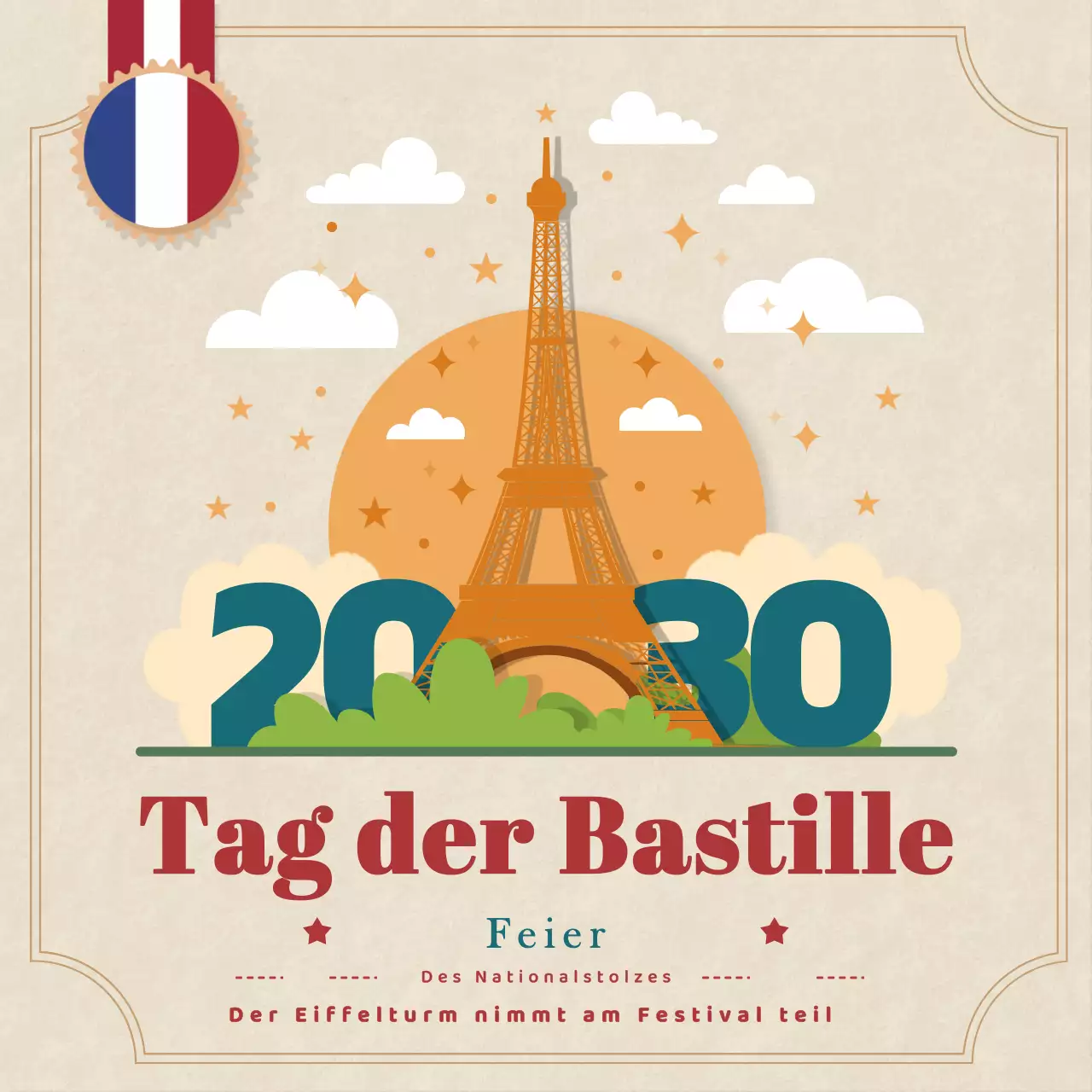 Beige Vorlage Beitrag für Instagram Bastille Day.